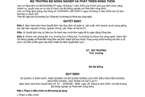Quyết định 53/2006/QĐ-BNN quản lý sản xuất,kinh doanh sử dụng giống lúa cấp siêu nguyên chủng,xác nhận,hạt lai F1