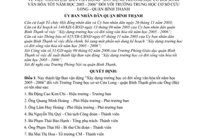 Quyết định  2994/2006/QĐ-UBND thành lập Ban vận động Xây dựng trường học  đời sống văn hóa tốt 2005 2006 THCS Cửu Long