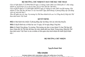 Quyết định1132/2006/QĐ-UBTDTT  "Tiêu chuẩn  phong đẳng cấp vận động viên  môn Đua thuyền"