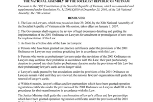 Resolution No. 65/2006/NQ-QH11 of June 29, 206 on implementation of The Law on lawyers
