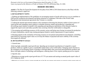 Decision No. 156/2006/QD-TTg of June 30, 2006, re: approval of the plan for export development for the phase from 2006 to 2010