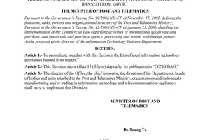 Decision No. 20/2006/QD-BBCVT of June 30, 2006, promulgating the list of used information technology appliances banned from import