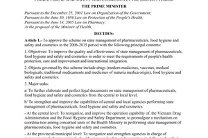 Decision No. 154/2006/QD-TTg of June 30, 2006 approving the scheme on state management of pharmaceuticals, food hygiene and safety and cosmetics in the 2006-2015 period