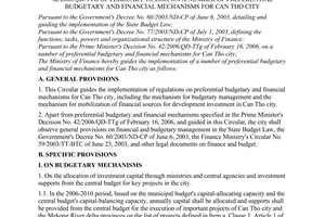 Circular No. 64/2006/TT-BTC of June 30, 2006 guiding the implementation of The Prime Minister's Decision No. 42/2006/QD-TTg of February 16, 2006, on a number of preferential budgetary and financial mechanisms for Can Tho city