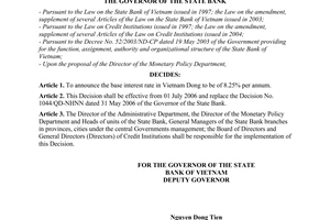 Decision No. 1324/QD-NHNN of June 30, 2006, on the base interest rate in Vietnam Dong.