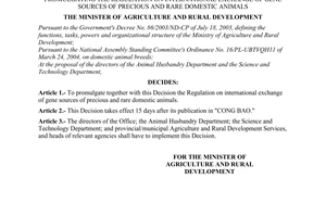 Decision No.43/2006/QD-BNN of June 01, 2006 promulgating the regulation on international exchange of gene sources of precious and rare domestic animal