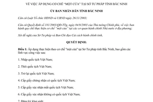 Quyết định 65/2006/QĐ-UBND áp dụng thực hiện cơ chế “một cửa” Sở Tư pháp Bắc Ninh