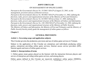 Joint circular No. 60/2006/TTLT-BVHTT-BBCVT-BCA on management of online games