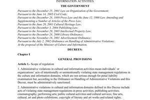 Decree of Government No. 56/2006/ND-CP, on sanctioning administrative violations in cultural and information activities