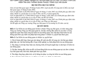 Quyết định 33/2006/QĐ-BTC chức năng, nhiệm vụ, quyền hạn cơ cấu tổ chức cục kiểm tra sau thông quan thuộc tổng cục hải quan