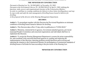Decision No. 17/2006/QD-BXD of the Ministry of Construction, promulgating the provisional regulation on minimum conditions of dwelling houses leased to laborers for dwelling