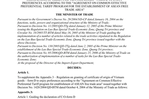 Decision No.23/2006/QD-BTM, promulgated by the Ministry of Trade, on supplementing appendix 3- the Regulation on granting of certificates of origin for Vietnam goods – form D to enjoy preferences according to the "Agreement on Common Effective Preferential Tariff Program for the Establishment of Asean Free Trade Area"