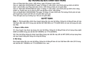 Quyết định 17/2006/QĐ-BBCVT điều chỉnh Quy hoạch băng tần cho hệ thống thông tin di động tế bào số Việt Nam đến 2010 dải 821-960 MHz,1710-2200 MHz