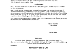 Quyết định 48/2006/QĐ-BNN trang phục, phù hiệu, cấp hiệu, biển hiệu, thẻ kiểm dịch động vật