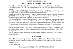 Quyết định 30/2006/QĐ-UBND  bổ sung ủy quyền cho Trưởng phòng giáo dục sử dụng con dấu UBND huyện Bình Chánh ký cấp bằng THCS