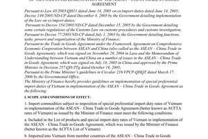 Circular No. 52/2006/TT-BTC, guidelines on implementation of special preferential import duties of Vietnam in implementation of the Asean – China Trade in Goods Agreement, promulgated by the Ministry of Finance
