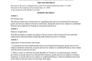 Decree of Government No. 59/2006/ND-CP, 
detailing the Commercial Law on goods and services, banned from business, subject to restrictions and conditions