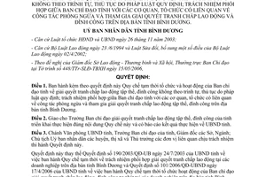 Quyết định 149/2006/QĐ-UBND hoạt động chỉ đạo giải quyết tranh chấp lao động Bình Dương