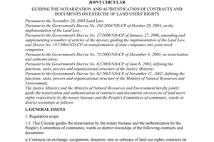Joint circular No. 04/2006/TTLT-BTP-BTNMT of June 13, 2006 guiding the notarization and authentication of contracts and documents on exercise of land users' rights