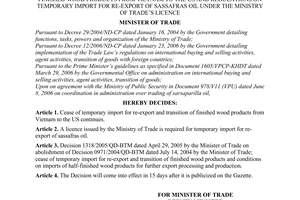 Decision No. 24/2006/QD-BTM of June 15, 2006, re: cease of temporary import for re-export and transition of finished wood products from vietnam to the us and regulations on temporary import for re-export of sassafras oil under the ministry of trade’s licence