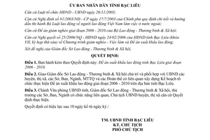 Quyết định 11/2006/QĐ-UBND đề án xuất khẩu lao động 2006 2010 Bạc Liêu