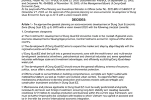 Decision No. 139/2006/QD-TTg of June 16, 2006 approving the general planning on socio-economic development of Dung Quat economic zone up to 2015 with a vision toward 2020