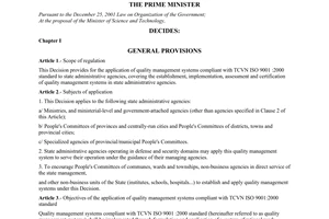 Decision No. 144/2006/QD-TTg of June 20, 2006, on application of quality management systems compliant with TCVN ISO 9001:2000 standard to the operation of state administrative agencies