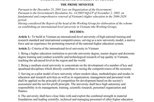 Decision No.145/2006/QD-TTg of June 20, 2006 on the guideline and major orientations for building an international-level university in Vietnam