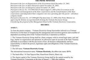 Decision No. 148/2006/QD-TTg of June 22, 2006, on forming the parent company – Vietnam electricity group