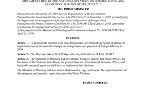 Decision No. 150/2006/QD-TTg of June 23, 2006, promulgating the Government's program of action for implementation of the national strategy on foreign loans and payment of foreign debts up to 2010