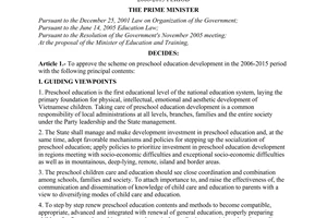 Decision No. 149/2006/QD-TTg of June 23, 2006 approving the scheme on preschool education development in the 2006-2015 period