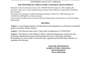Decision No. 52/2006/QD-BNN of June 23, 2006, promulgating the regulation on certification of quality standard conformity of plant varieties