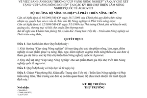Quyết định 1846/QĐ/BNN-VP Giải thưởng “Cúp vàng Nông nghiệp” và Quy chế xét tặng tại kỳ Hội chợ triển lãm Nông nghiệp quốc tế AgroViet