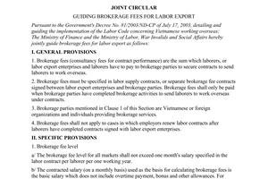 Joint circular No. 59/2006/TTLT-BTC-BLDTBXH of June 26, 2006 guiding brokerage fees for labor export