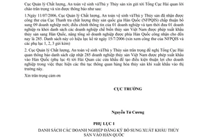 Công văn 1687/CLTY-CL cập nhật danh sách doanh nghiệp xuất khẩu thủy sản vào Hàn Quốc