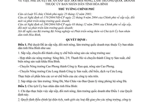 Quyết định 160/2006/QĐ-TTg Đề án sắp xếp, đổi mới nông, lâm trường quốc doanh thuộc Ủy ban nhân dân tỉnh Hòa Bình