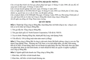 Quyết định 127/2006/QĐ-BQP  thành lập Tổng công ty Đông Bắc