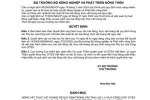 Quyết định 54/2006/QĐ-BNN  danh mục động,thực vật hoang dã trong phụ lục công ước buôn bán quốc tế loài động, thực vật hoang dã nguy cấp