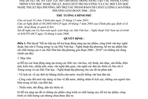 Quyết định 926/QĐ-TTg Đề án tiếp tục hỗ trợ hoạt động sáng tạo tác phẩm, công trình VHNT, báo chí TW,Hội Văn học nghệ thuật địa phương 2006-2010