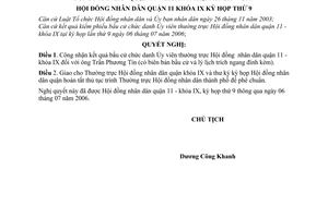 Nghị quyết 04/2006/NQ-HĐND công nhận kết quả bầu cử chức danh Ủy viên thường trực Hội đồng nhân dân quận 11 - khóa IX nhiệm kỳ 2004 - 2009