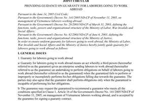Joint circular No. 06/2006/TTLT-BLDTBXH-BTP of July 07, 2006 providing guidance on guaranty for laborers going to work abroad