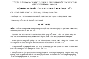 Nghị quyết 152/2006/NQ-HĐND mục tiêu giải quyết việc làm Nghệ An 2006 2010