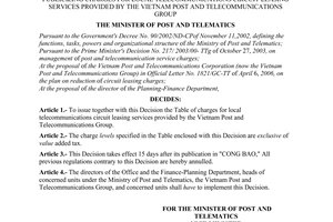 Decision No. 25/2006/QD-BBCVT of July 10, 2006, publicizing charges for local telecommunications circuit leasing services provided by the Vietnam post and Telecommunications group