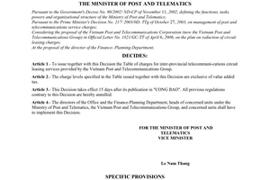 Decision No. 23/2006/QD-BBCVT of July 10, 2006, publicizing charges for inter¬provincial telecommunications circuit leasing services provided by the Vietnam Post and Telecommuni¬cations group
