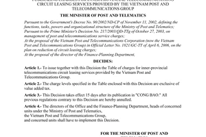 Decision No. 24/2006/QD-BBCVT of July 10, 2006, publicizing charges for inner-provincial telecommunications circuit leasing services provided by the Vietnam post and Telecommunications group