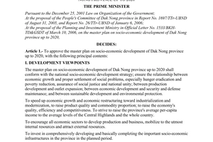 Decision No. 161/2006/QD-TTg of July 10, 2006 approving the master plan on socio-economic development of Dak Nong province up to 2020