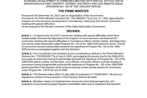 Decision No. 163/2006/QD-TTg of July 11, 2006 approving the list of communes meeting with special difficulties which have fundamentally achieved objectives of the program on socio-economic development in communes meeting with special difficulties in mountainous ethnic minority, border, and deep-lying and remote areas (program no. 135 of the 1999-2005 period)