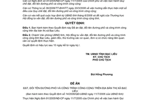 Quyết định 14/2006/QĐ-UBND đề án đặt đổi tên đường phố tỉnh Bạc Liêu