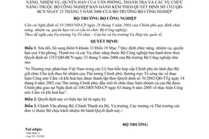 Quyết định 1800/QĐ-BCN chức năng, nhiệm vụ, quyền hạn Văn phòng, Thanh tra,Vụ chức năng Bộ Công nghiệp sửa đổi 1352/QĐ-BCN