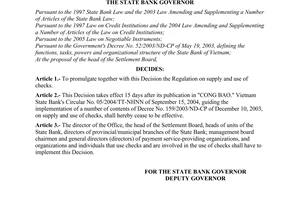Decision No. 30/2006/QD-NHNN of July 11, 2006, promulgating the regulation on supply and use of checks